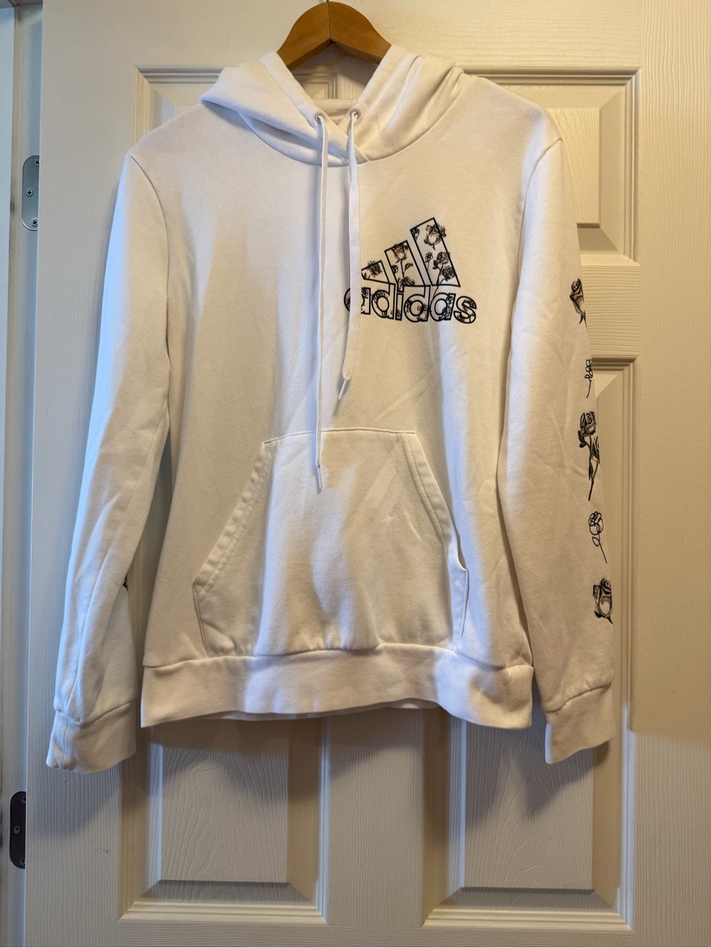 adidas woman’s White Hoodie with Black Floral Logo and Sleeve Roses size medium